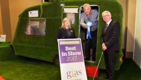 Sanctuary Synthetics pictured at GLAS. (L-R) Carol Marks, Bord Bia; Mark O'Loughlin, Sanctuary Synthetics -  Best in Show, Trade Supplier; John McDonald, GLAS.
Photo: Joe Keogh