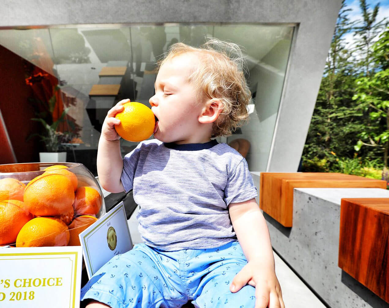 Kal Smith (1) from Navan enjoys the Fruit Juice Matters Garden at Bord Bia's Bloom 2018. Photo: Fennell Photography.