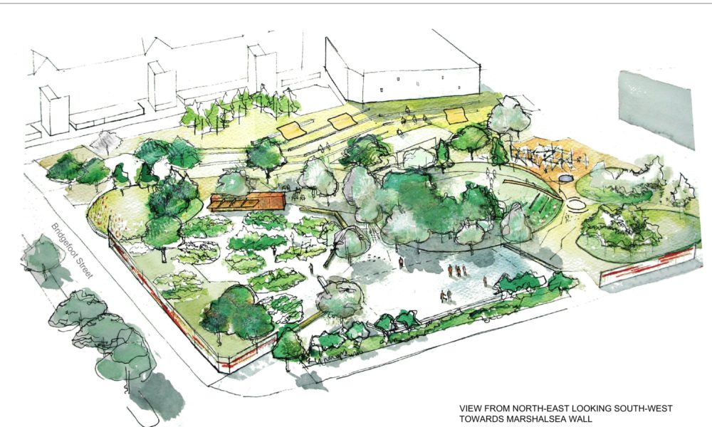 An artist's impression of the proposed Bridgefoot St Park. ©Dermot Foley Landscape Architect.
