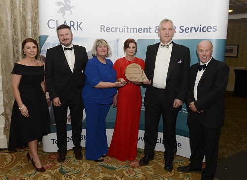 The Sanctuary Synthetics team on receipt of their award at the Kildare Business Awards 2017. From L-R: Ciara Buckley, Domnic ODonohue, Ann Harney, Mary Purcell, Mark OLoughlin and Kevin OConnor. Photo: County Kildare Chamber of Commerce.